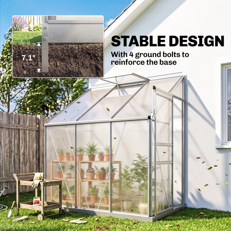 Outsunny 6' x 4' Aluminum Lean-to Greenhouse Polycarbonate Walk-in Garden Greenhouse with Adjustable Roof Vent, Rain Gutter and Sliding Door for Winter, Clear