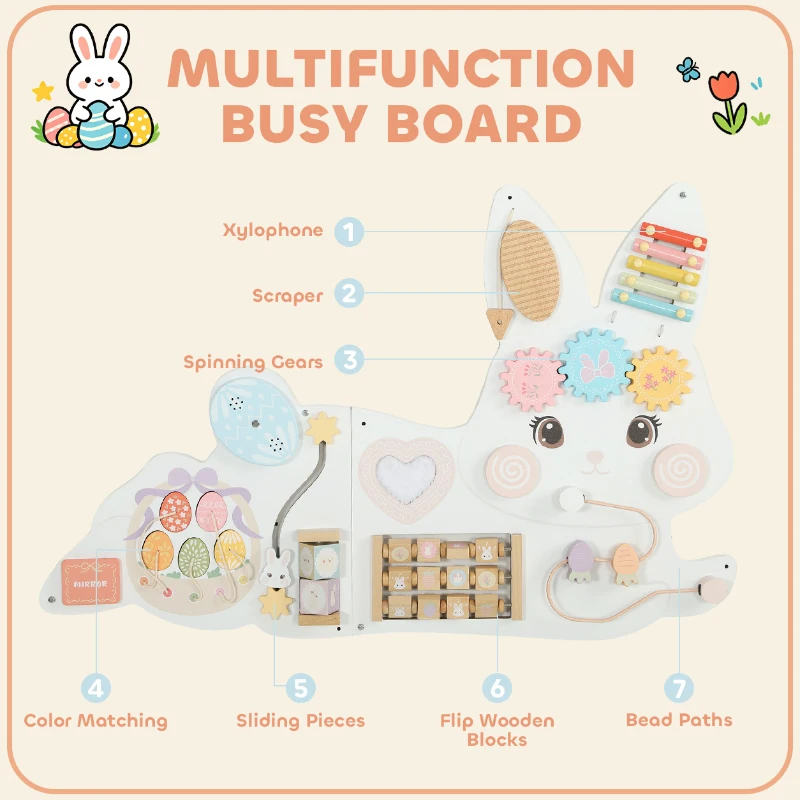 Qaba Easter Bunny Busy Board, Wooden Wall-Mounted Montessori Sensory Toys, Gift for Girls Boys for 1.5-6 Y, White