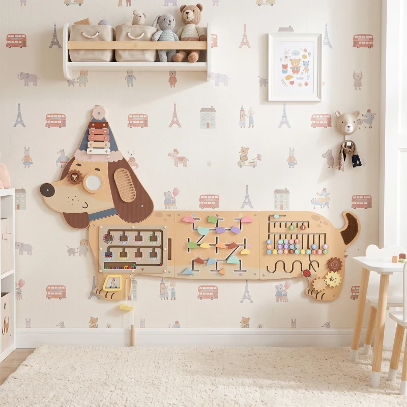 Qaba Wooden Wall Busy Board, Montessori Sensory Wall Panel Dachshund-Shaped for Playroom, Educational Toys for Toddler