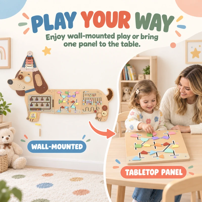 Qaba Wooden Wall Busy Board, Montessori Sensory Wall Panel Dachshund-Shaped for Playroom, Educational Toys for Toddler