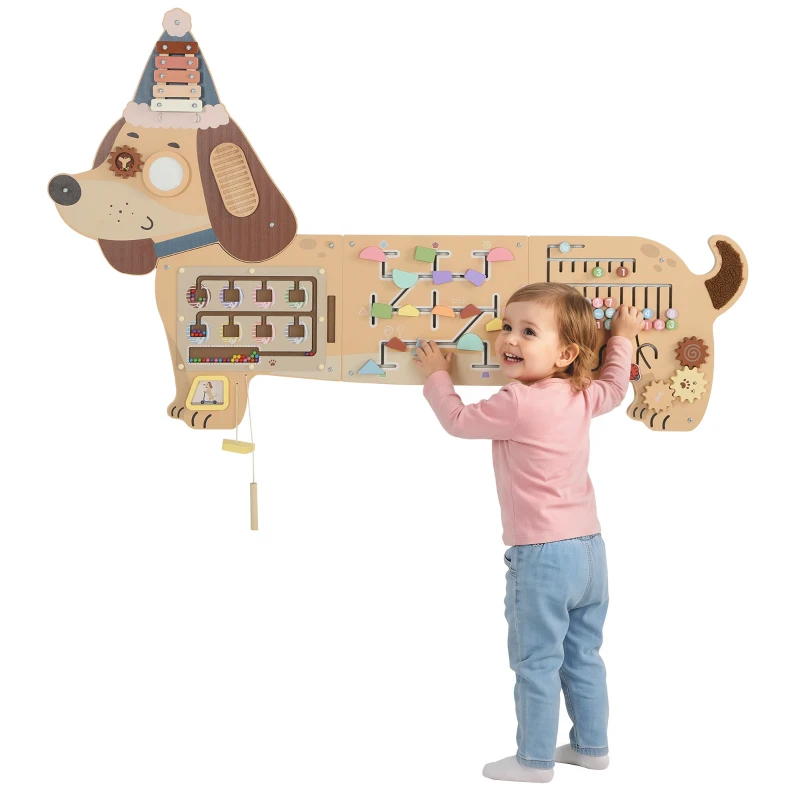 Qaba Wooden Wall Busy Board, Montessori Sensory Wall Panel Dachshund-Shaped for Playroom, Educational Toys for Toddler