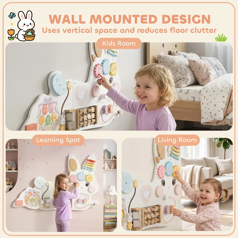Qaba Easter Bunny Busy Board, Wooden Wall-Mounted Montessori Sensory Toys, Gift for Girls Boys for 1.5-6 Y, White