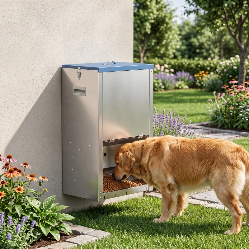 PawHut 50lbs Automatic Dog Feeder, Galvanized Gravity Pet Feeder with Lockable Clear Door, Indoor and Outdoor Use