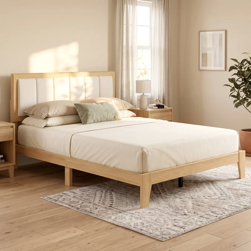 HOMCOM Full Bed Frame with Headboard Full Size Platform Bed Frame with Wooden Slats No Box Spring Needed Easy Assembly Oak