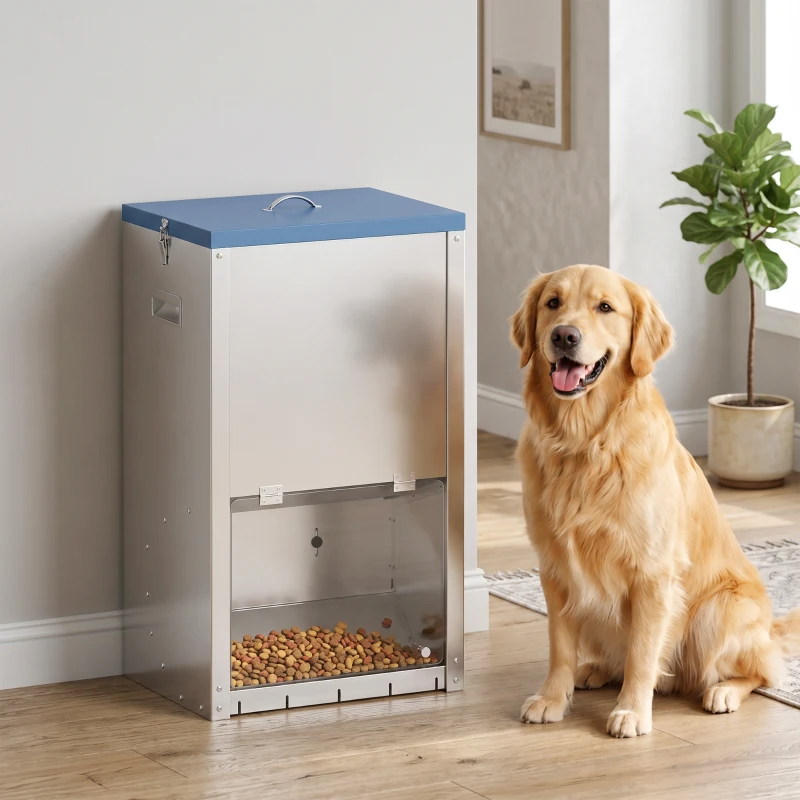 PawHut 50lbs Automatic Dog Feeder, Galvanized Gravity Pet Feeder with Lockable Clear Door, Indoor and Outdoor Use