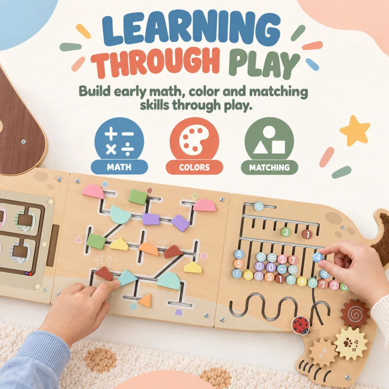 Qaba Wooden Wall Busy Board, Montessori Sensory Wall Panel Dachshund-Shaped for Playroom, Educational Toys for Toddler