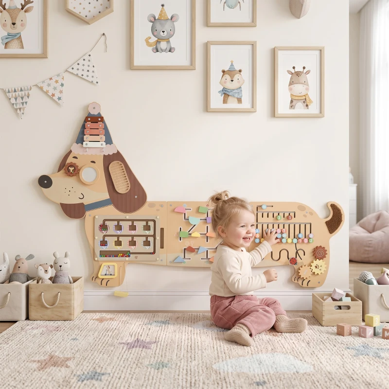 Qaba Wooden Wall Busy Board, Montessori Sensory Wall Panel Dachshund-Shaped for Playroom, Educational Toys for Toddler