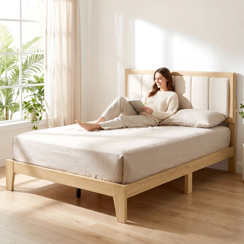 HOMCOM Full Bed Frame with Headboard Full Size Platform Bed Frame with Wooden Slats No Box Spring Needed Easy Assembly Oak