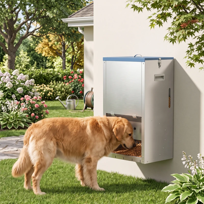 PawHut 50lbs Automatic Dog Feeder, Galvanized Gravity Pet Feeder with Lockable Clear Door, Indoor and Outdoor Use