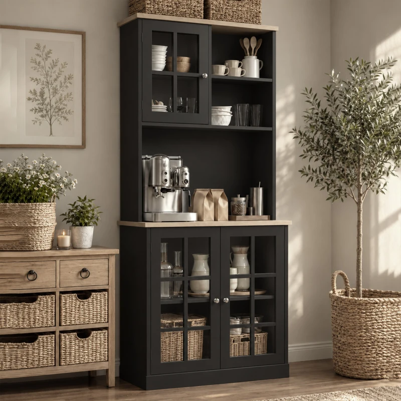 HOMCOM 72" Kitchen Pantry Storage Cabinet with Hutch, Large Countertop, Glass Doors and Adjustable Shelves, Black