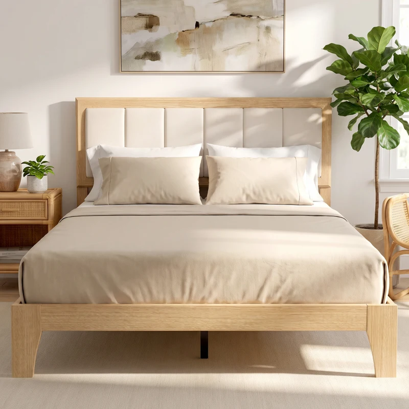 HOMCOM Full Bed Frame with Headboard Full Size Platform Bed Frame with Wooden Slats No Box Spring Needed Easy Assembly Oak