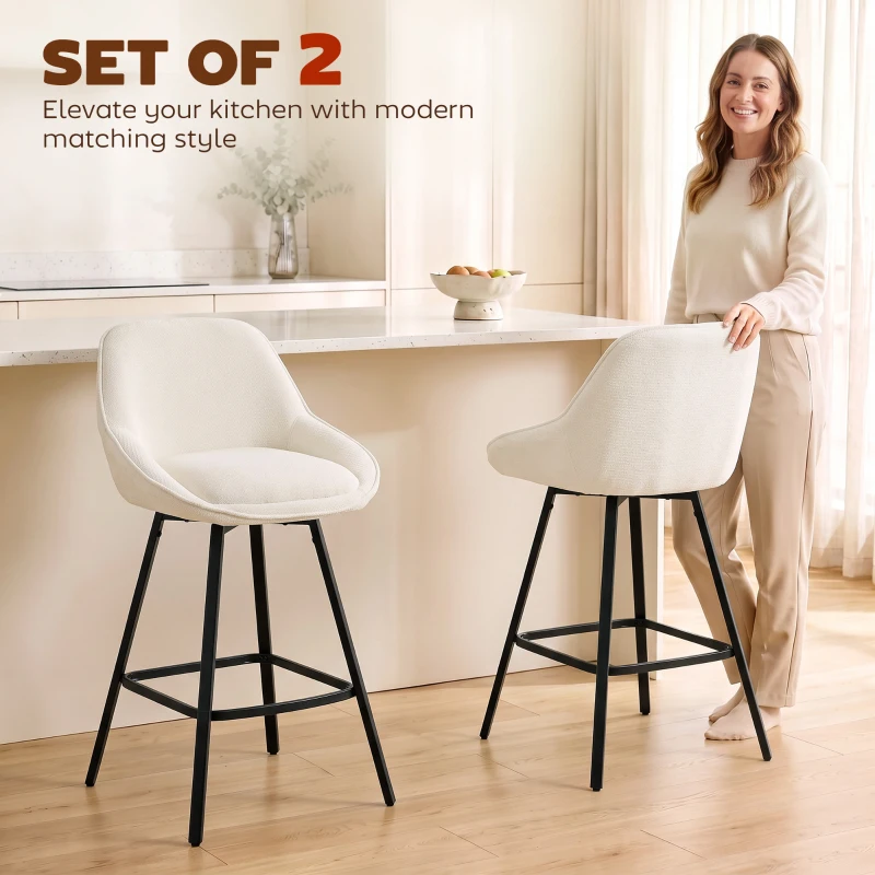 HOMCOM Bar Stools Modern Chenille 360° Swivel Barstools Counter Height Backrest Footrest Set 2, Cream White