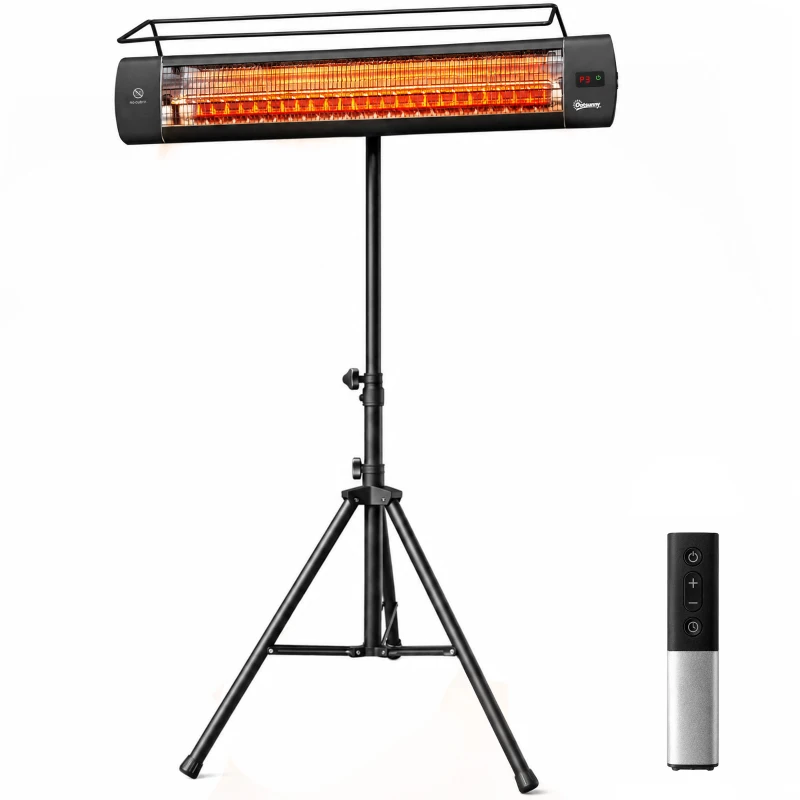 Outsunny Electric Patio Heater, 1500 W Standing IP65 Outdoor Infrared Heater with Tripod, 3 Heat Levels, 24H Timer, Black