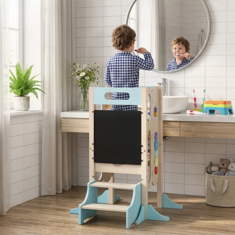 Qaba 6-in-1 Toddler Kitchen Step Stool Helper, Montessori Toddler Standing Tower w/ Blackboard for 3-6 Year, Blue