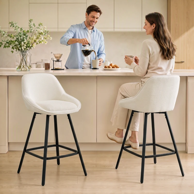 HOMCOM Bar Stools Modern Chenille 360° Swivel Barstools Counter Height Backrest Footrest Set 2, Cream White
