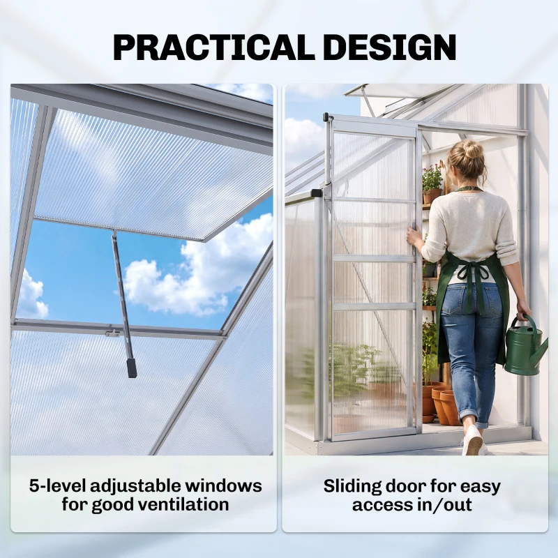 Outsunny 6' x 4' Aluminum Lean-to Greenhouse Polycarbonate Walk-in Garden Greenhouse with Adjustable Roof Vent, Rain Gutter and Sliding Door for Winter, Clear