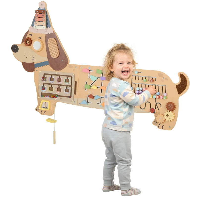 Qaba Wooden Wall Busy Board, Montessori Sensory Wall Panel Dachshund-Shaped for Playroom, Educational Toys for Toddler