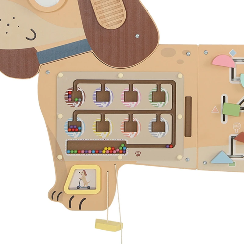 Qaba Wooden Wall Busy Board, Montessori Sensory Wall Panel Dachshund-Shaped for Playroom, Educational Toys for Toddler
