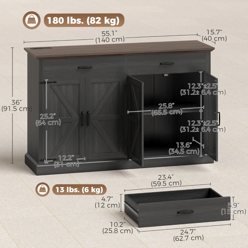 HOMCOM 55" Buffet Cabinet, Farmhouse Sideboard with 1.2" Thick Top, 4 Barn Doors, 2 Drawers and 2 Adjustable Shelves, Black