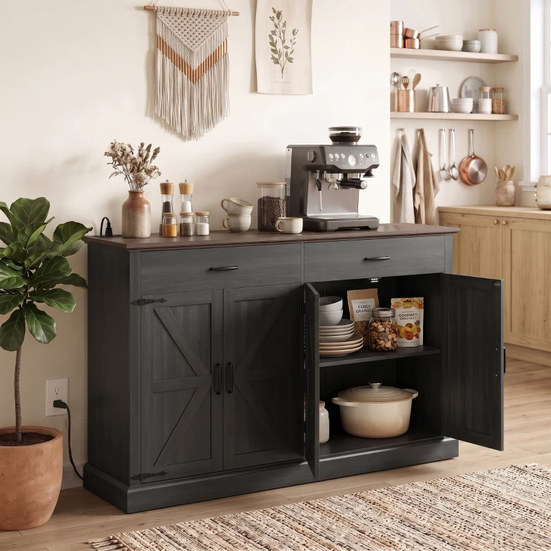 HOMCOM 55" Buffet Cabinet, Farmhouse Sideboard with 1.2" Thick Top, 4 Barn Doors, 2 Drawers and 2 Adjustable Shelves, Black