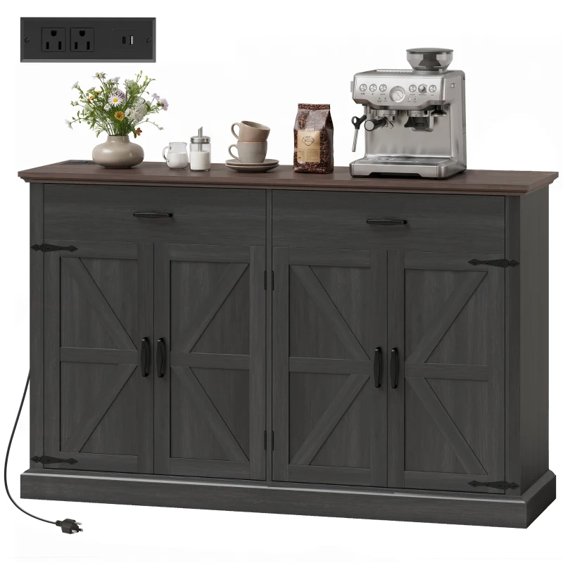 HOMCOM 55" Buffet Cabinet, Farmhouse Sideboard with 1.2" Thick Top, 4 Barn Doors, 2 Drawers and 2 Adjustable Shelves, Black