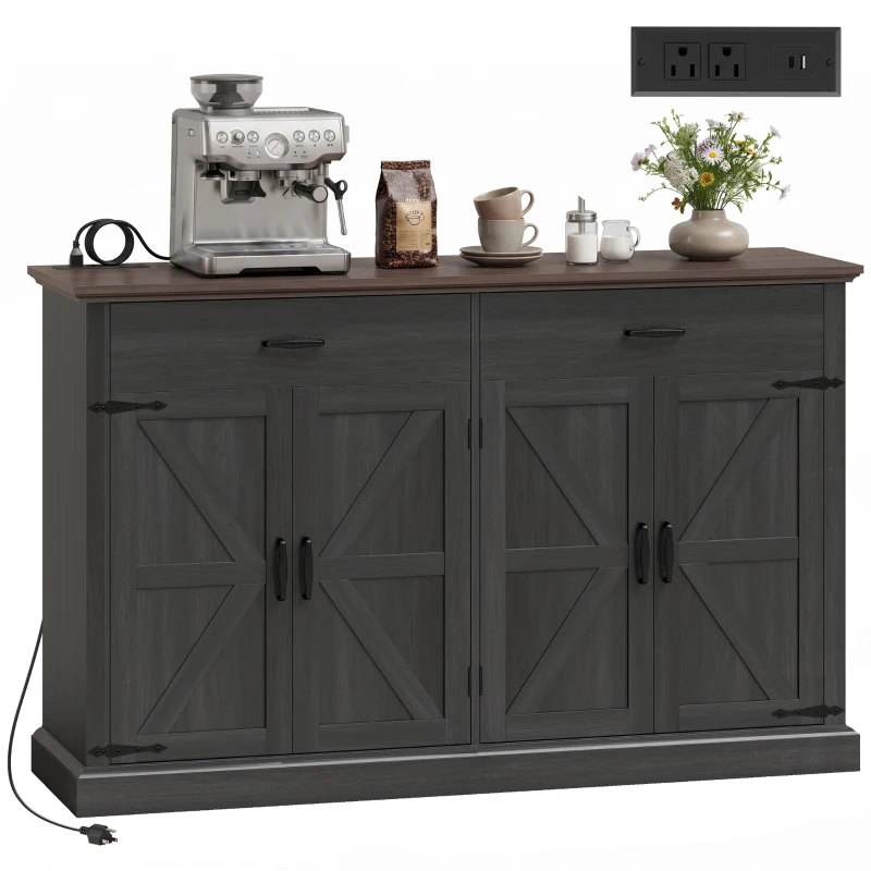 HOMCOM 55" Buffet Cabinet, Farmhouse Sideboard with 1.2" Thick Top, 4 Barn Doors, 2 Drawers and 2 Adjustable Shelves, Black