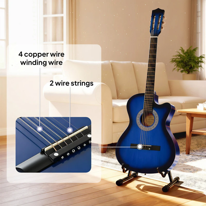Soozier 38 Inch Full Size Classical Acoustic Electric Guitar Premium Gloss Finish with Strings, Picks, Shoulder Strap and Case Bag, Blue