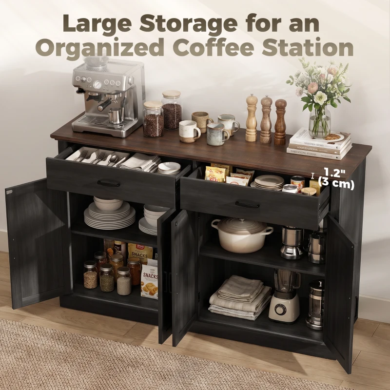 HOMCOM 55" Buffet Cabinet, Farmhouse Sideboard with 1.2" Thick Top, 4 Barn Doors, 2 Drawers and 2 Adjustable Shelves, Black