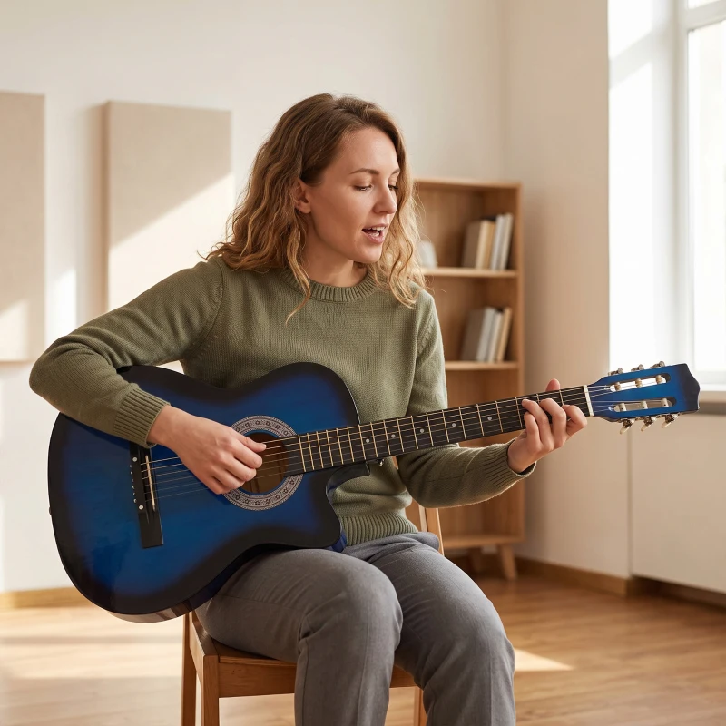 Soozier 38 Inch Full Size Classical Acoustic Electric Guitar Premium Gloss Finish with Strings, Picks, Shoulder Strap and Case Bag, Blue