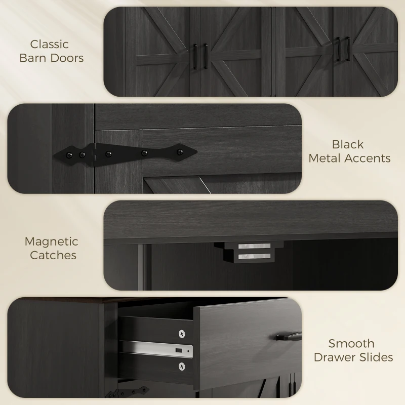 HOMCOM 55" Buffet Cabinet, Farmhouse Sideboard with 1.2" Thick Top, 4 Barn Doors, 2 Drawers and 2 Adjustable Shelves, Black