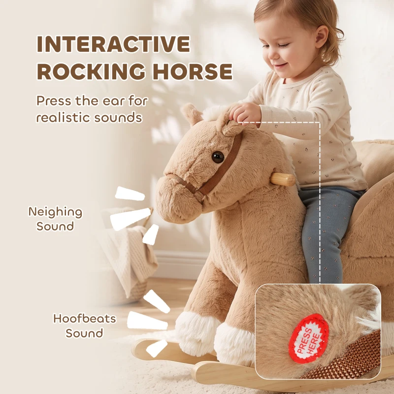 Qaba Rocking Horse with Seat Belt, Plush Ride-On Rocker with Realistic Sound for Toddlers Ages 18-36 Months, Brown