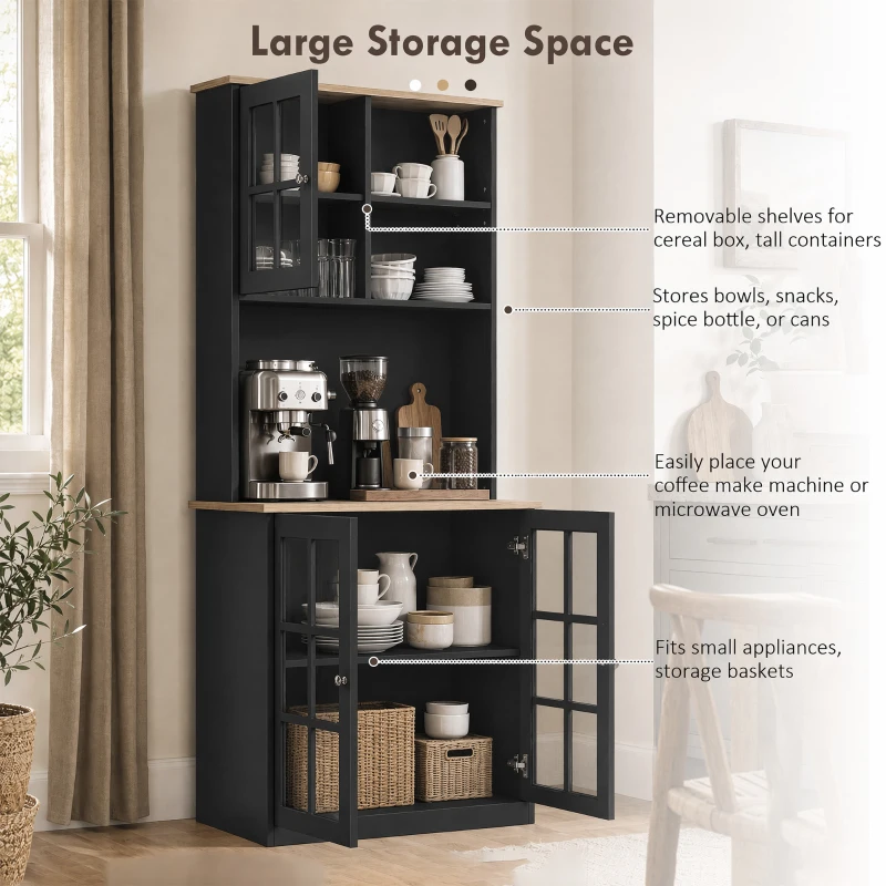HOMCOM 72" Kitchen Pantry Storage Cabinet with Hutch, Large Countertop, Glass Doors and Adjustable Shelves, Black