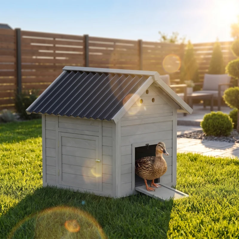 PawHut Duck Coop, Wooden Duck House with Openable Roof & Double Doors, Light Gray