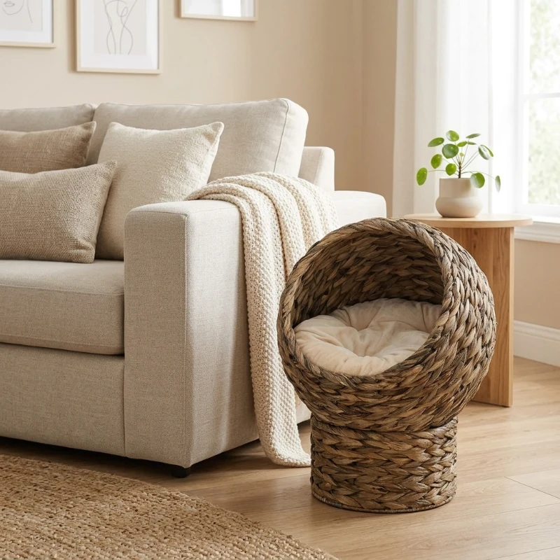 PawHut Handwoven Elevated Cat Bed with Soft Cushion & Egg Chair Shape, Basket Bed Kitty House with Stand, Raised Wicker House for Indoor Cats, 20" H, Gray