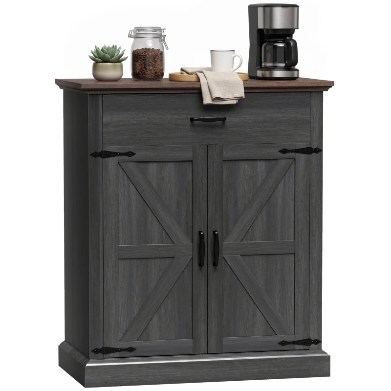 HOMCOM 30" Buffet Cabinet, Farmhouse Sideboard with 1.2" Thick Top, 2 Barn Doors, Drawer and Adjustable Shelf, Black