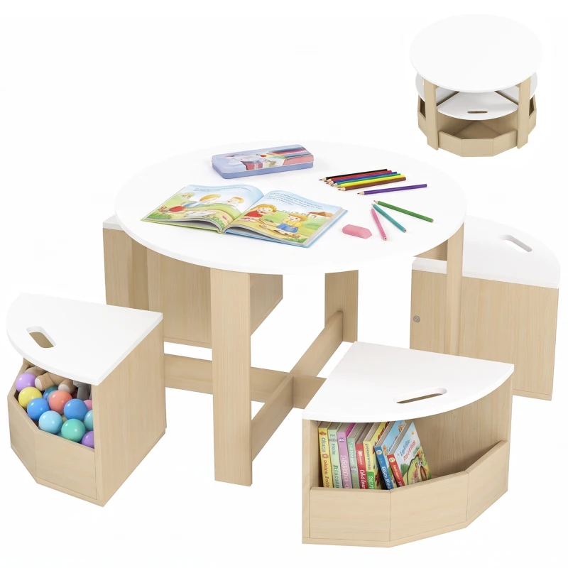 Qaba 5 Piece Kids Table and Chair Set with Storage for Kids Room, White