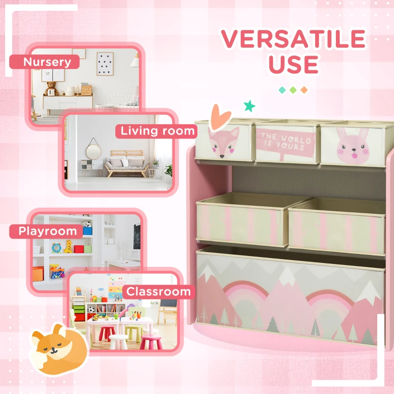 Qaba Toy Organizer with 6 Storage Bins, 25" x 12" x 26", Pink