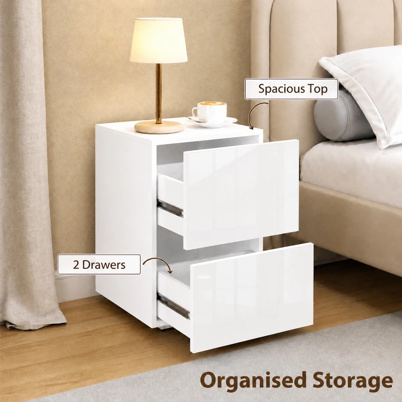 HOMCOM Modern Nightstand Set of 2, Narrow Bedside Table with 2 Drawers and High Gloss Drawer Fronts for Bedroom, White