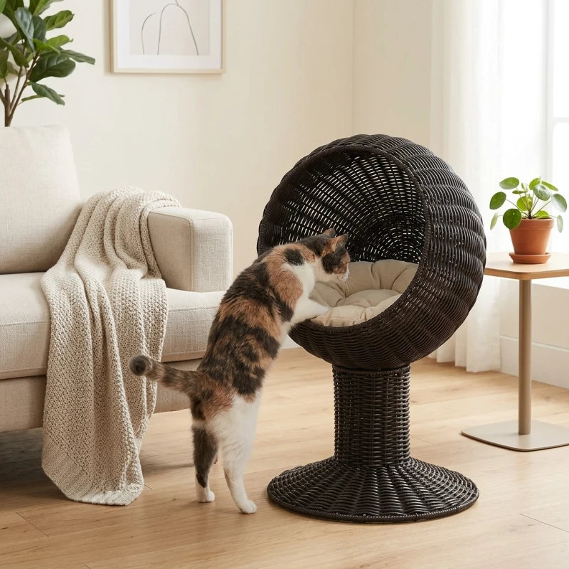 PawHut Elevated Cat Bed with Rotatable Egg Chair Pod, Cat Basket Bed with Thick Cushion, Natural Mat Grass Woven Kitty House, Coffee