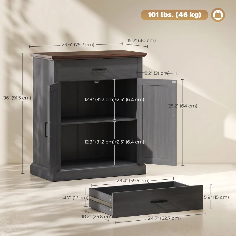 HOMCOM 30" Buffet Cabinet, Farmhouse Sideboard with 1.2" Thick Top, 2 Barn Doors, Drawer and Adjustable Shelf, Black