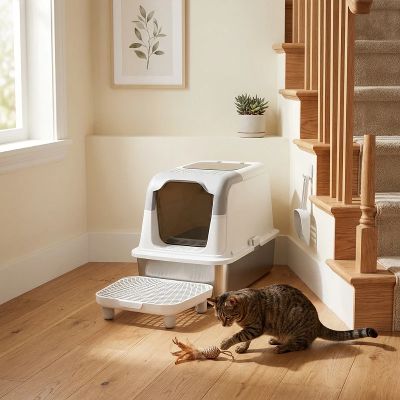 PawHut Extra Large Stainless Steel Litter Box, Enclosed Cat Litter Box with Scoop, Deodorizer Bag, Sand Drop Pedal