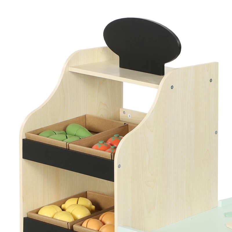 Qaba Kids Grocery Store Playset, Wooden Play Store with Play Food, Cash Register, Chalkboard, 44 Accessories for Ages 3-6