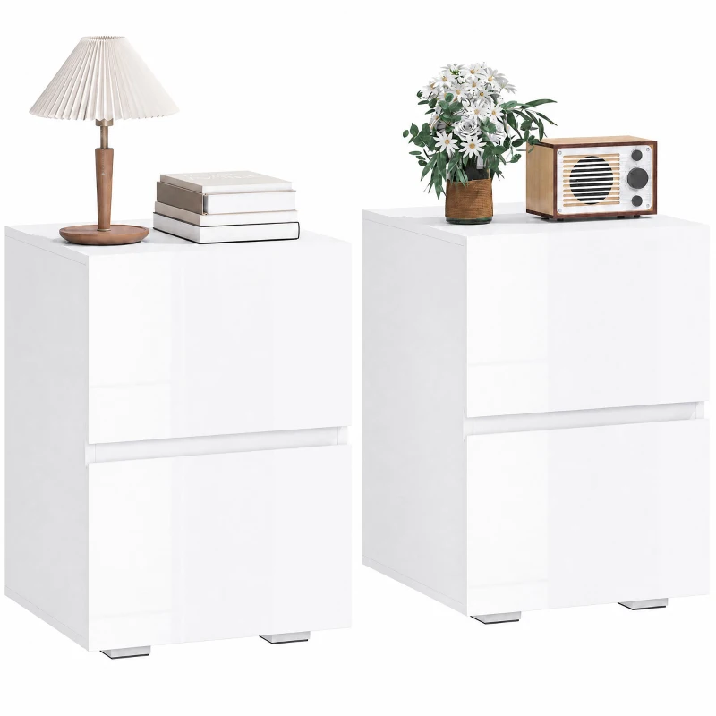 HOMCOM Modern Nightstand Set of 2, Narrow Bedside Table with 2 Drawers and High Gloss Drawer Fronts for Bedroom, White