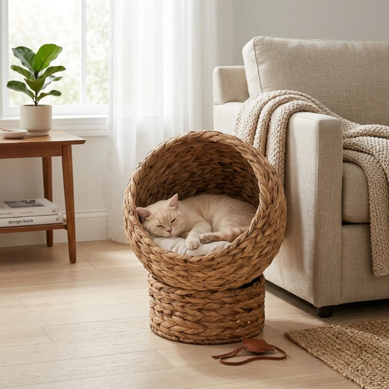 PawHut Handwoven Elevated Cat Bed with Soft Cushion & Egg Chair Shape, Basket Bed Kitty House with Stand, Raised Wicker House for Indoor Cats, 23.5" H, Light Brown