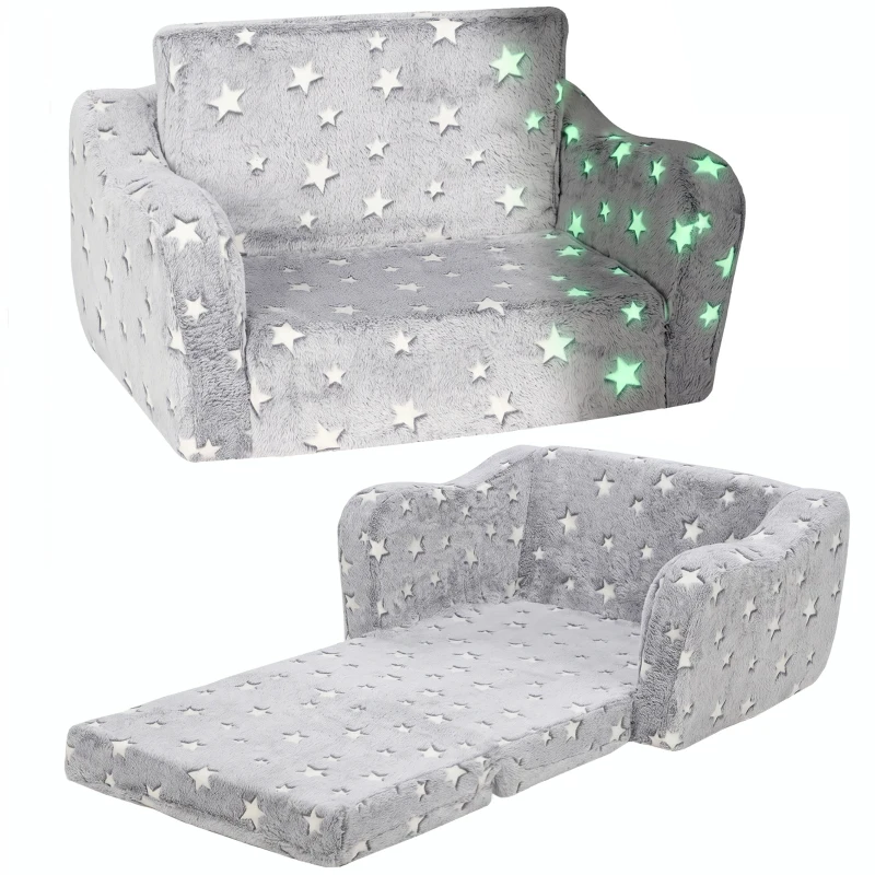 Qaba Kids Couch, 2 in 1 Toddler Couch with Glow in the Dark Stars, Sit to Lie, Ready from Box for Bedroomfor 18-48 M, Grey