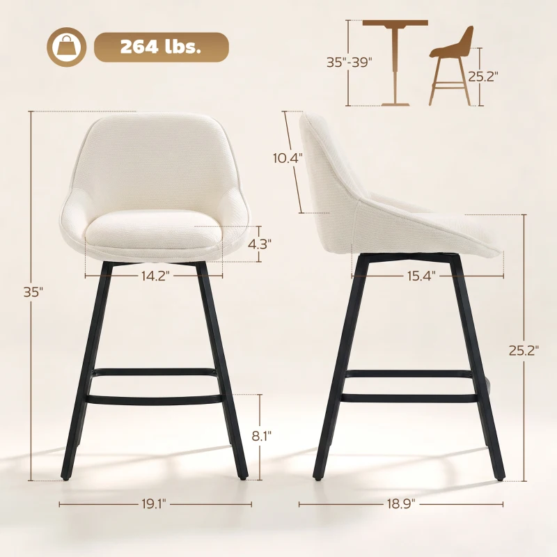 HOMCOM Bar Stools Modern Chenille 360° Swivel Barstools Counter Height Backrest Footrest Set 3, Cream White