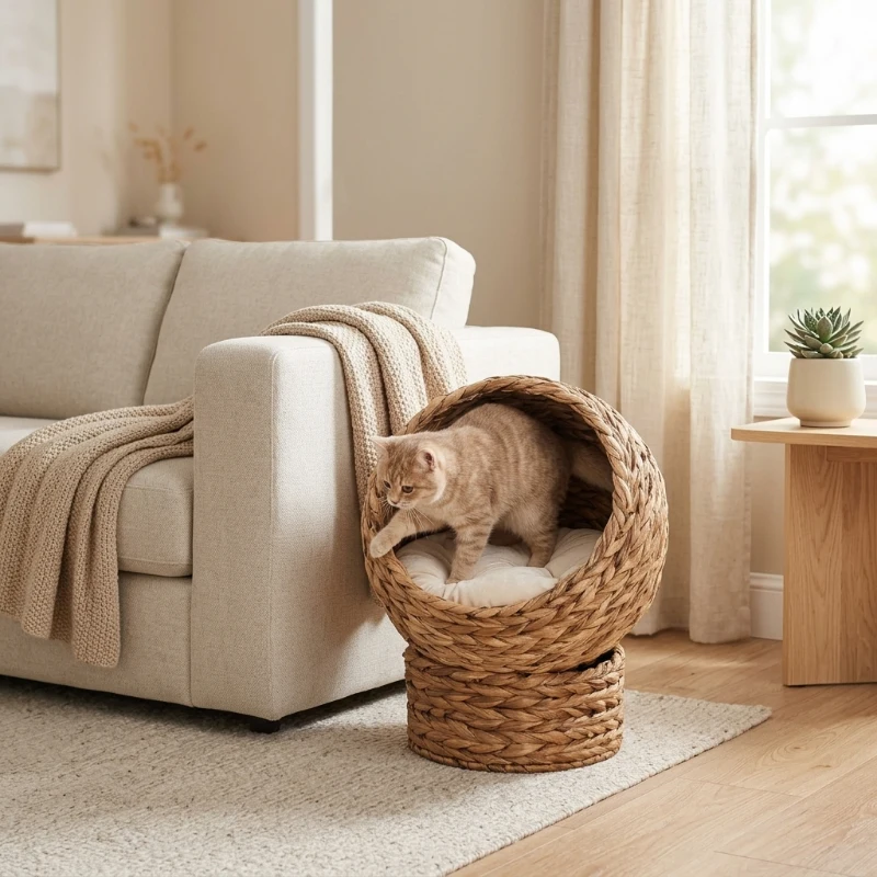 PawHut 20" Natural Braided Banana Leaf Elevated Cat Bed Basket with Cushion - Brown