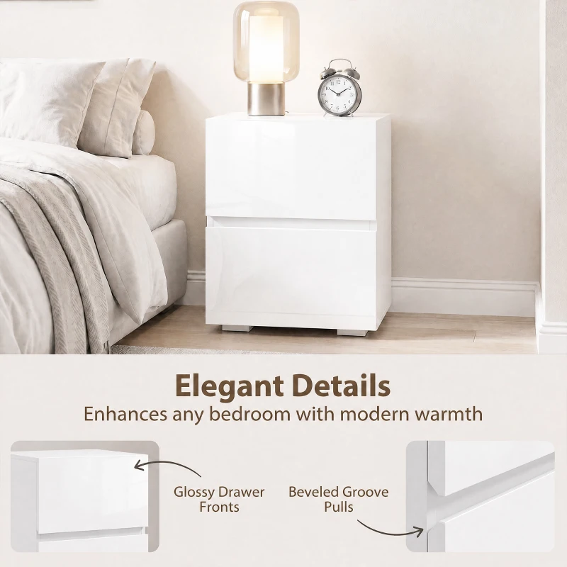 HOMCOM Modern Nightstand Set of 2, Narrow Bedside Table with 2 Drawers and High Gloss Drawer Fronts for Bedroom, White