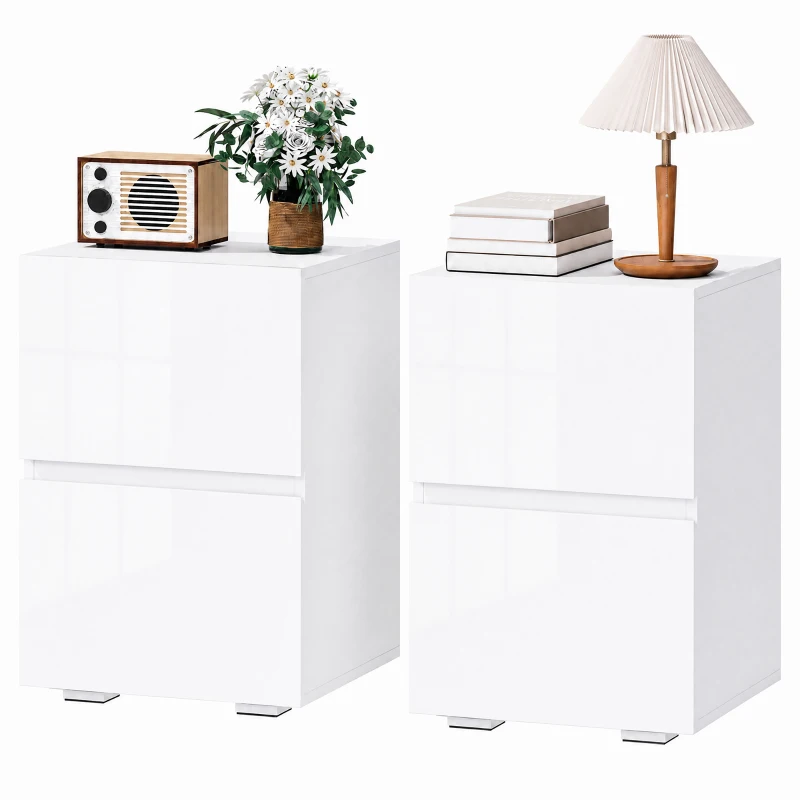 HOMCOM Modern Nightstand Set of 2, Narrow Bedside Table with 2 Drawers and High Gloss Drawer Fronts for Bedroom, White