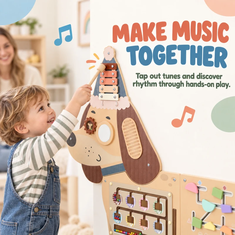 Qaba Wooden Wall Busy Board, Montessori Sensory Wall Panel Dachshund-Shaped for Playroom, Educational Toys for Toddler
